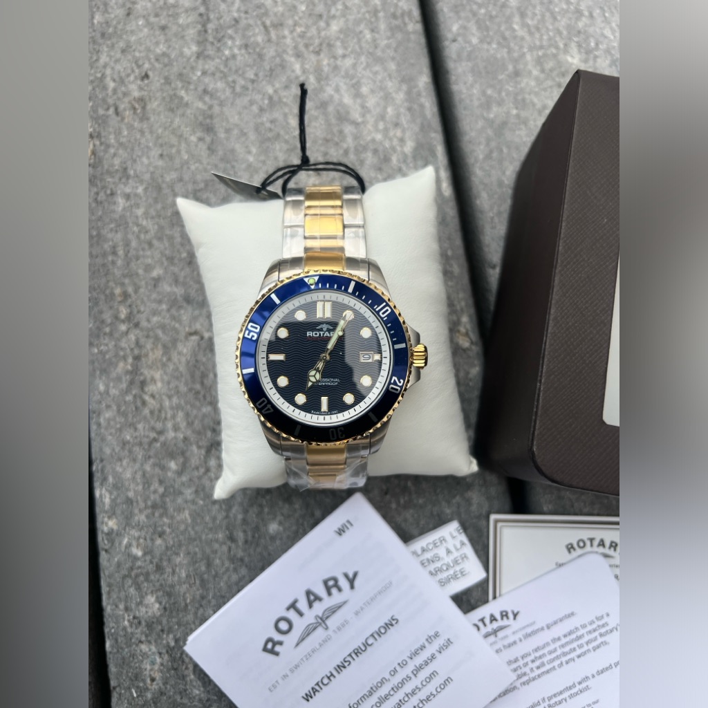 Rotary Mens Blue Dial Two Tone Stainless Steel Bracelet Watch